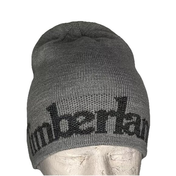 Timberland Men's Reversible One Size Logo Knit Beanie Hat Gray Tree Winter Ski - Picture 1 of 9